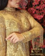 طاووس – لباس مجلسی ملیله جواهر عربی طلایی کوتاه